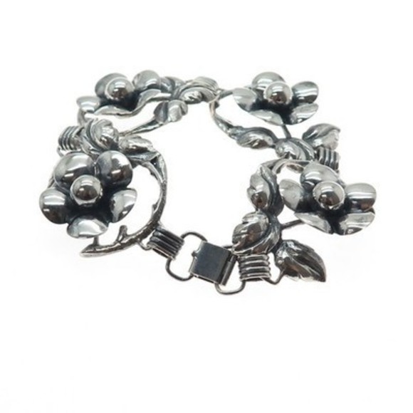 925 Sterling Silver Antique Art Deco Flower Blossom Oxidized Bracelet 7